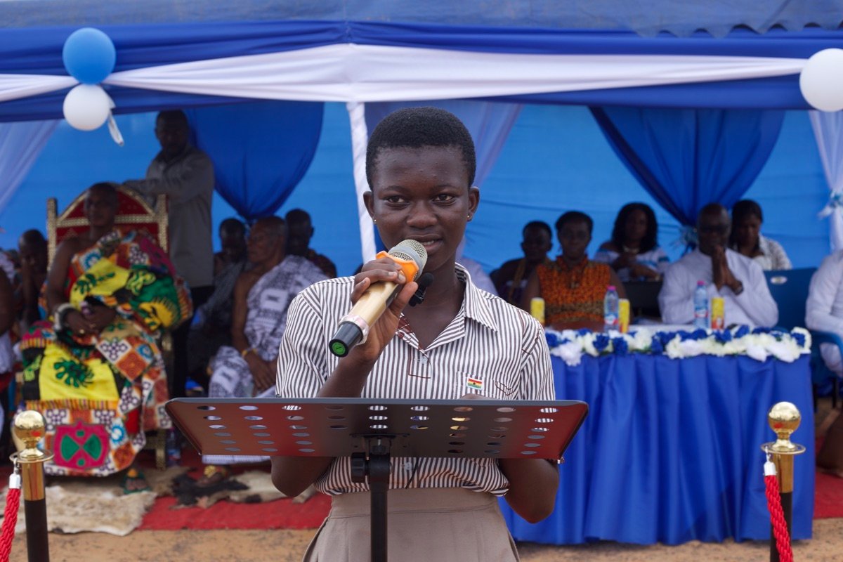 Student speaking at the sod cutting ceremony